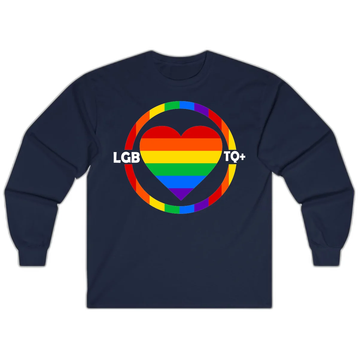 Rainbow heart with LGB TO+ text in concentric pride circles on gray background in Navy