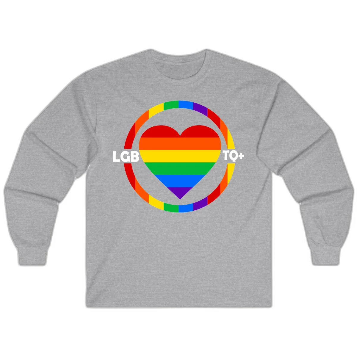 Rainbow heart with LGB TO+ text in concentric pride circles on gray background in Sport Grey