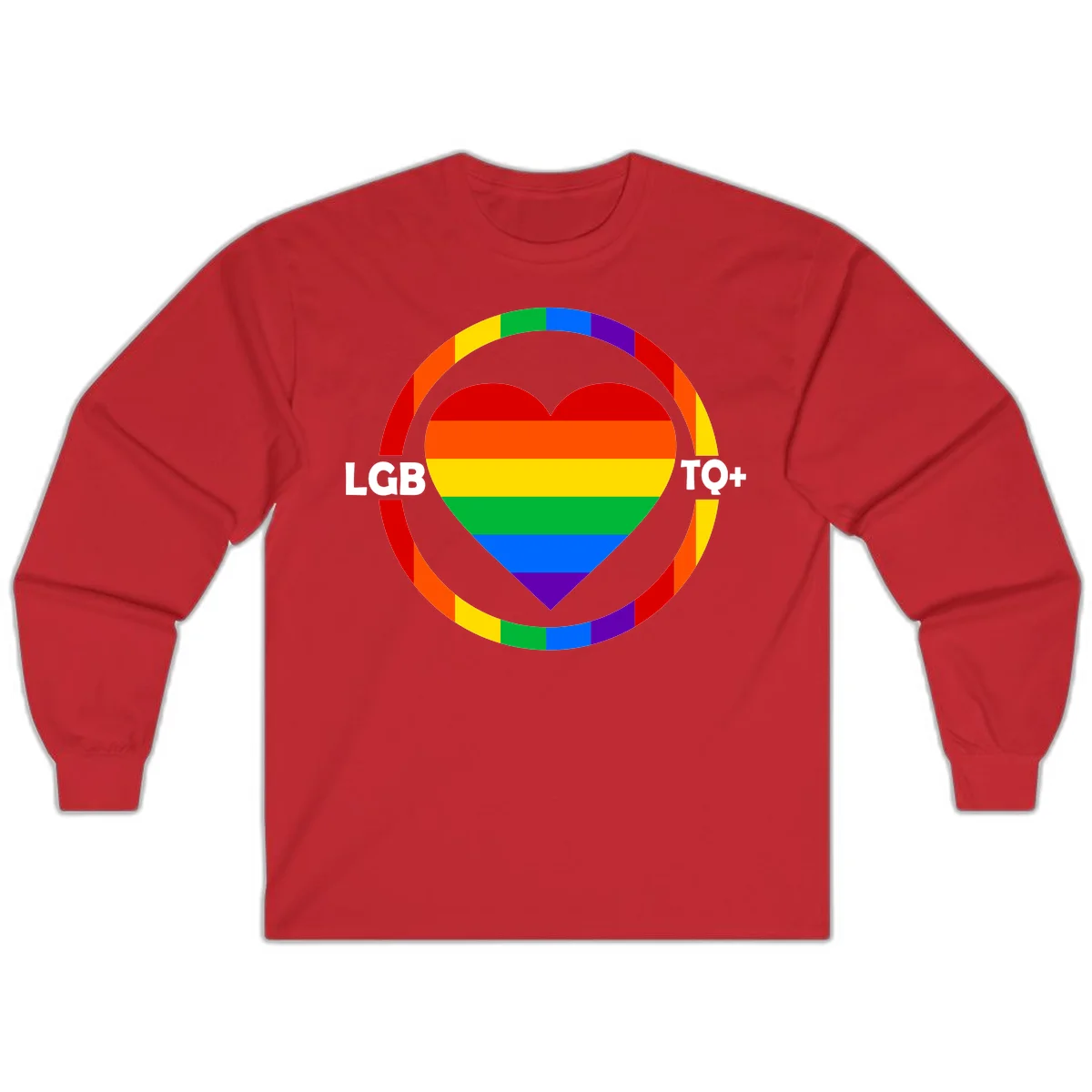 Rainbow heart with LGB TO+ text in concentric pride circles on gray background in Red