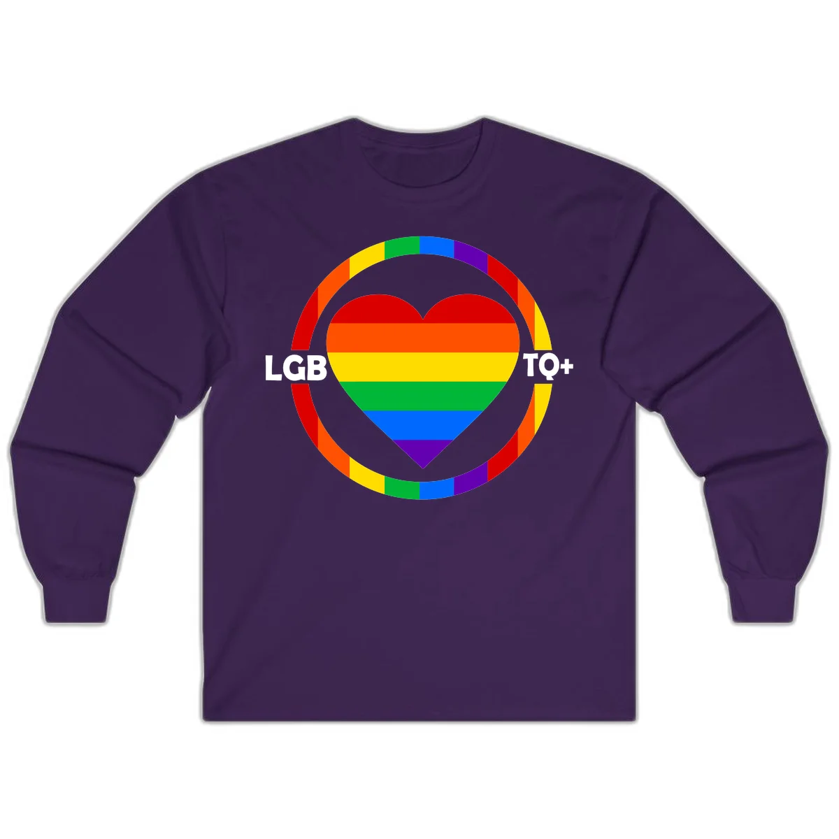 Rainbow heart with LGB TO+ text in concentric pride circles on gray background in Purple