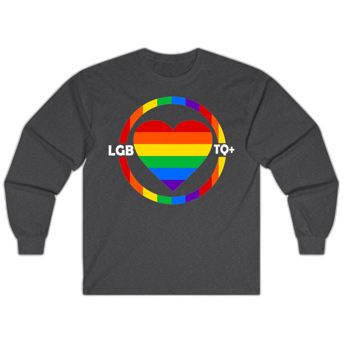 Rainbow heart with LGB TO+ text in concentric pride circles on gray background in Dark Heather