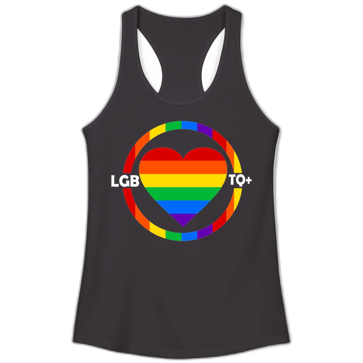 Rainbow heart with LGB TO+ text in concentric pride circles on gray background in Black
