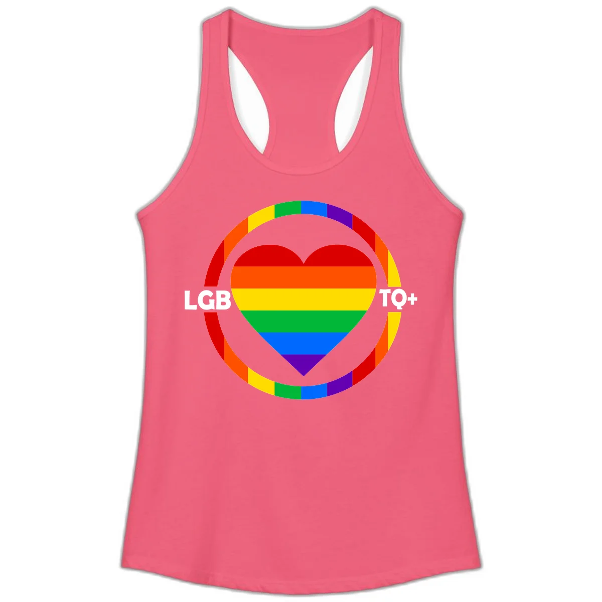 Rainbow heart with LGB TO+ text in concentric pride circles on gray background in Hot Pink