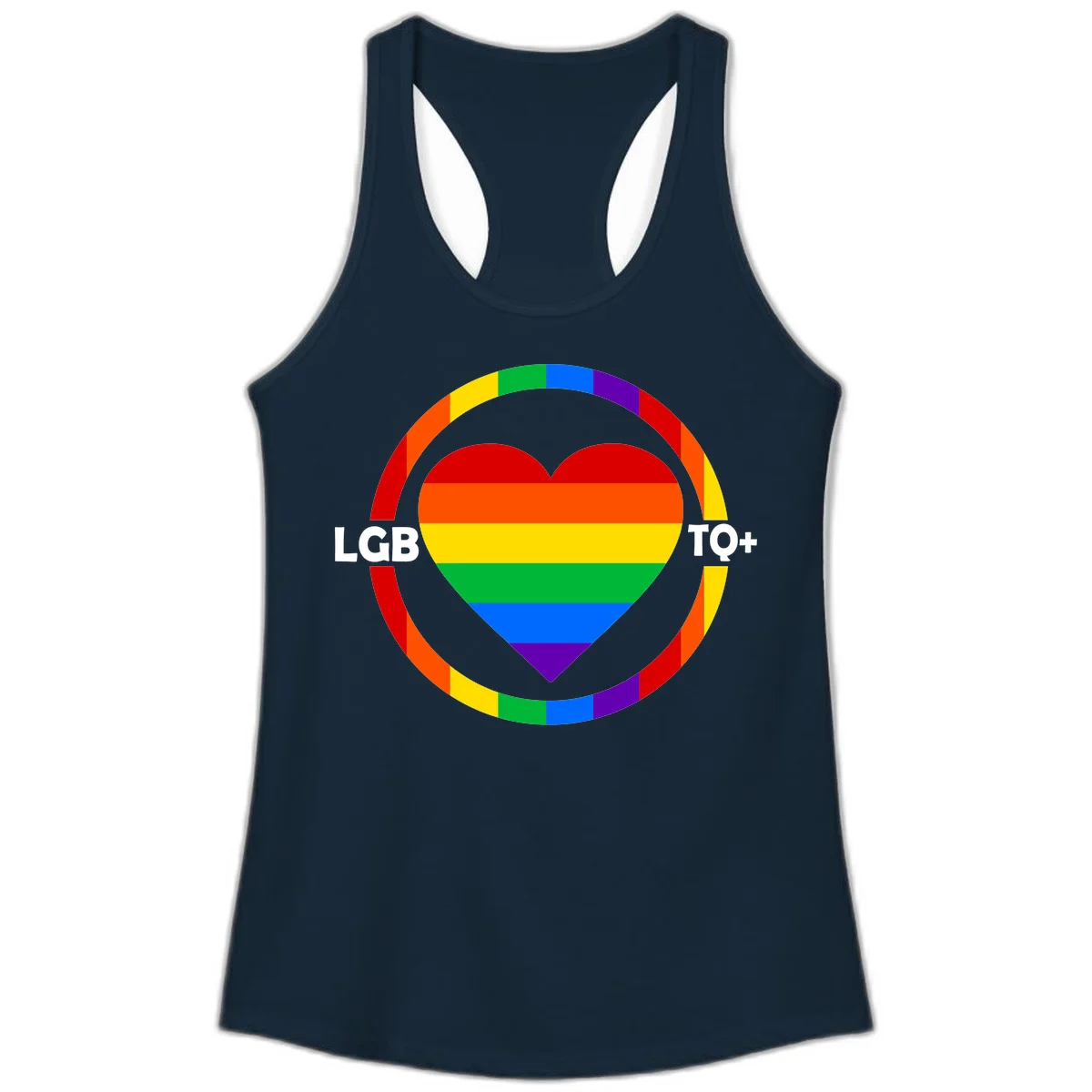 Rainbow heart with LGB TO+ text in concentric pride circles on gray background in Solid Midnight Navy
