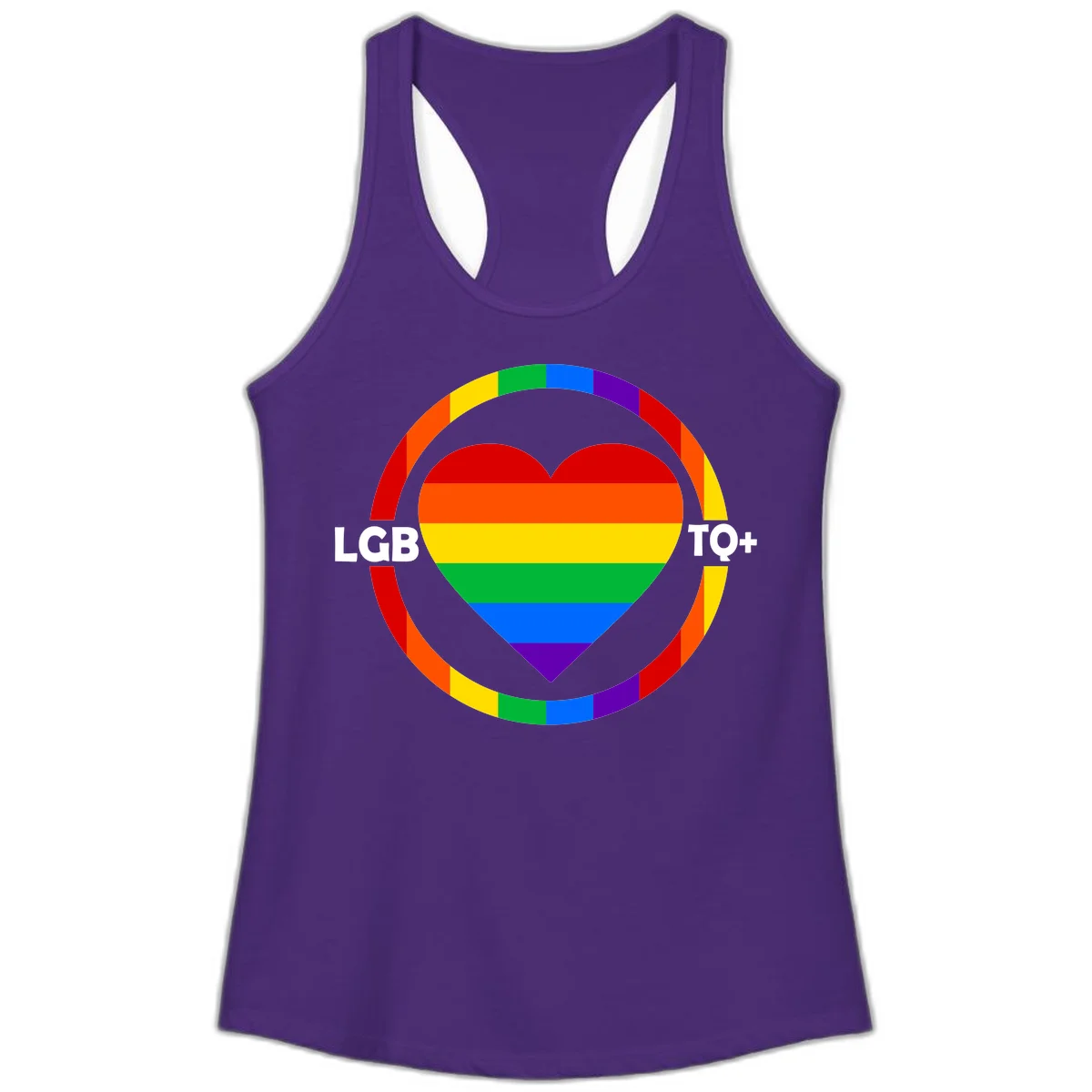 Rainbow heart with LGB TO+ text in concentric pride circles on gray background in Solid Purple Rush