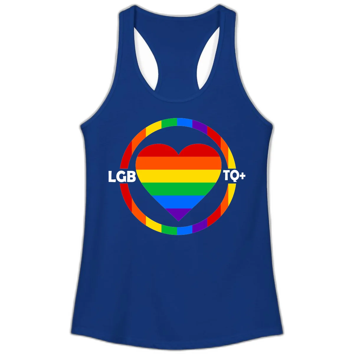 Rainbow heart with LGB TO+ text in concentric pride circles on gray background in Solid Royal