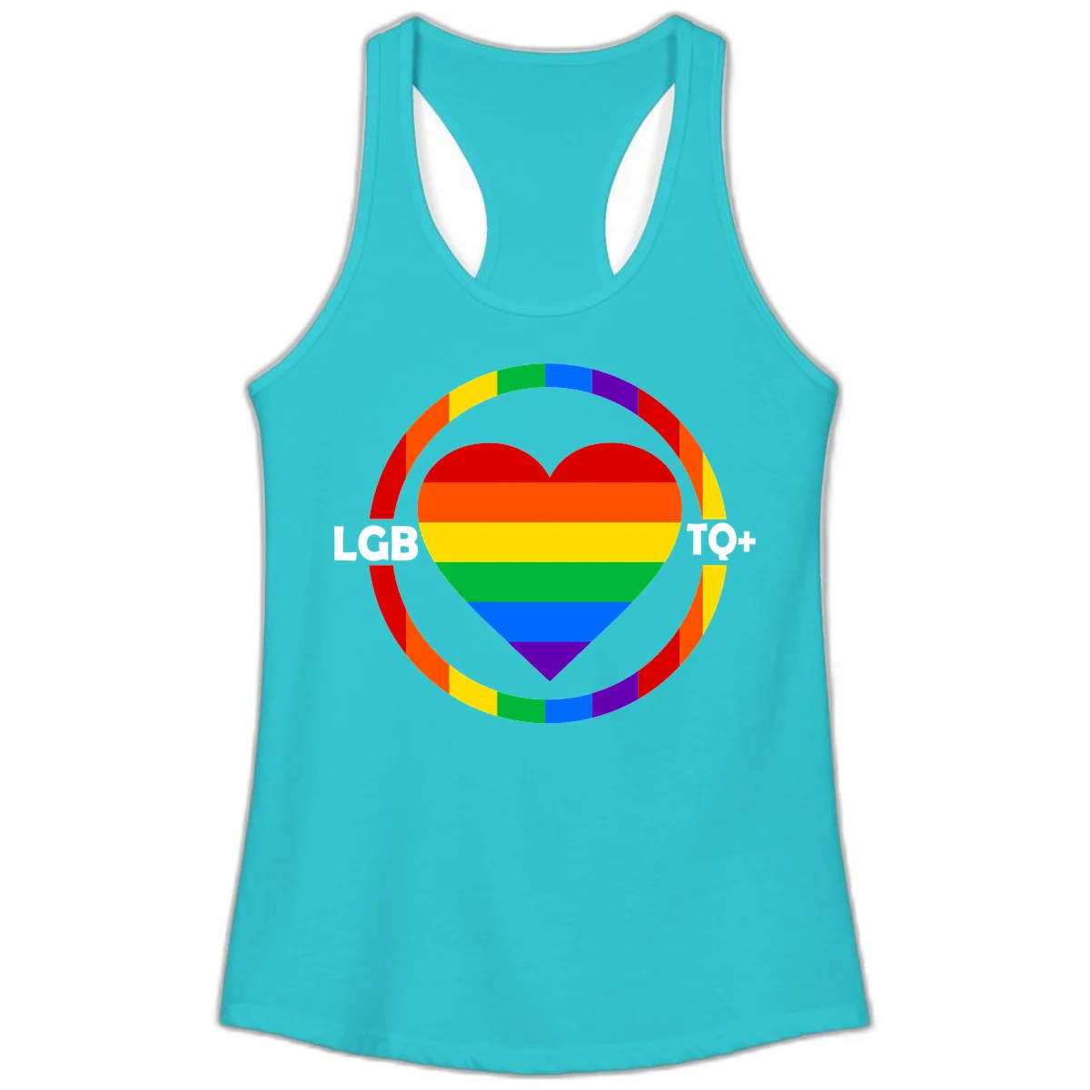 Rainbow heart with LGB TO+ text in concentric pride circles on gray background in Solid Tahiti Blue