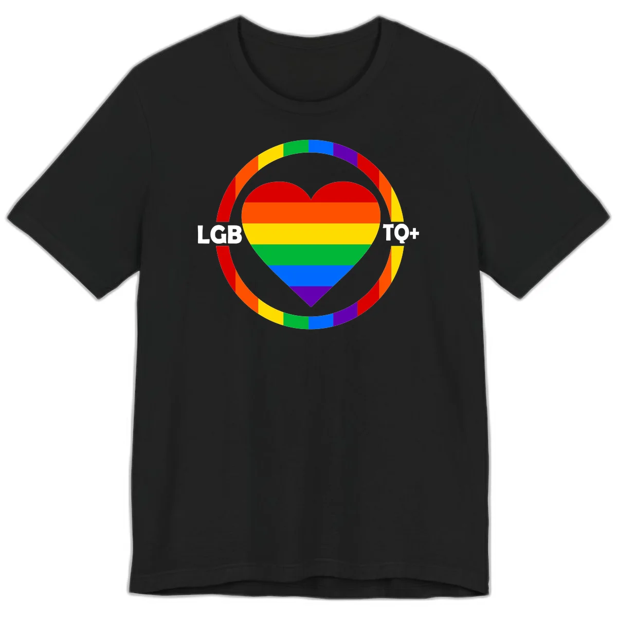 Rainbow heart with LGB TO+ text in concentric pride circles on gray background in Black