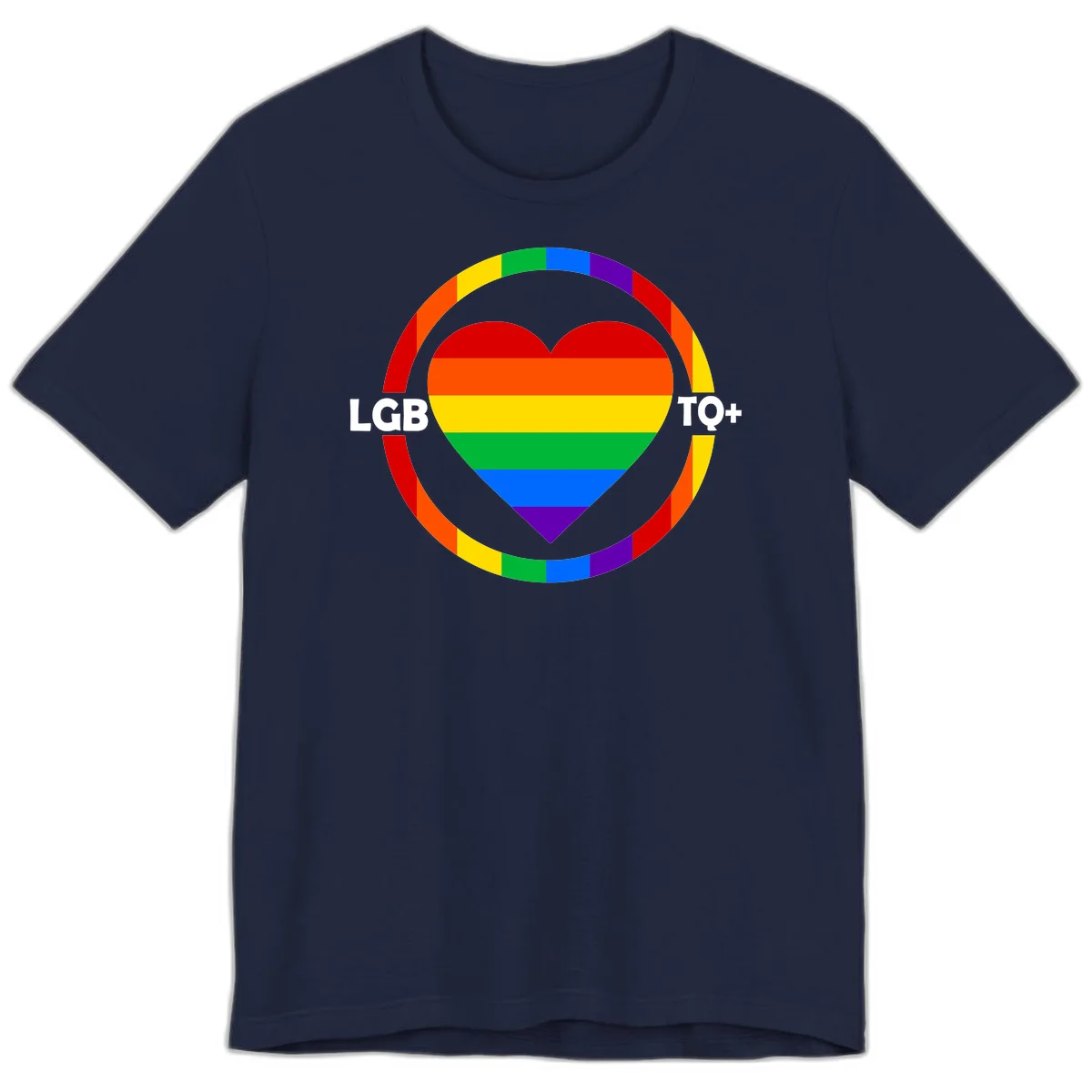 Rainbow heart with LGB TO+ text in concentric pride circles on gray background in Navy