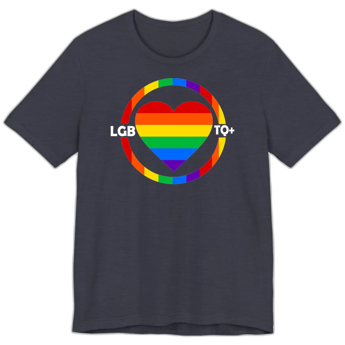 Rainbow heart with LGB TO+ text in concentric pride circles on gray background in Heather Midnight Navy