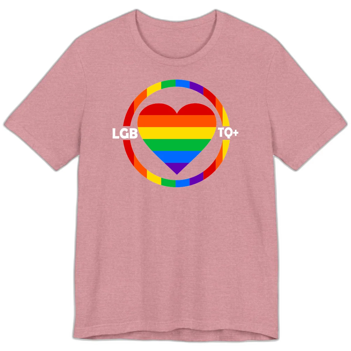 Rainbow heart with LGB TO+ text in concentric pride circles on gray background in Heather Orchid