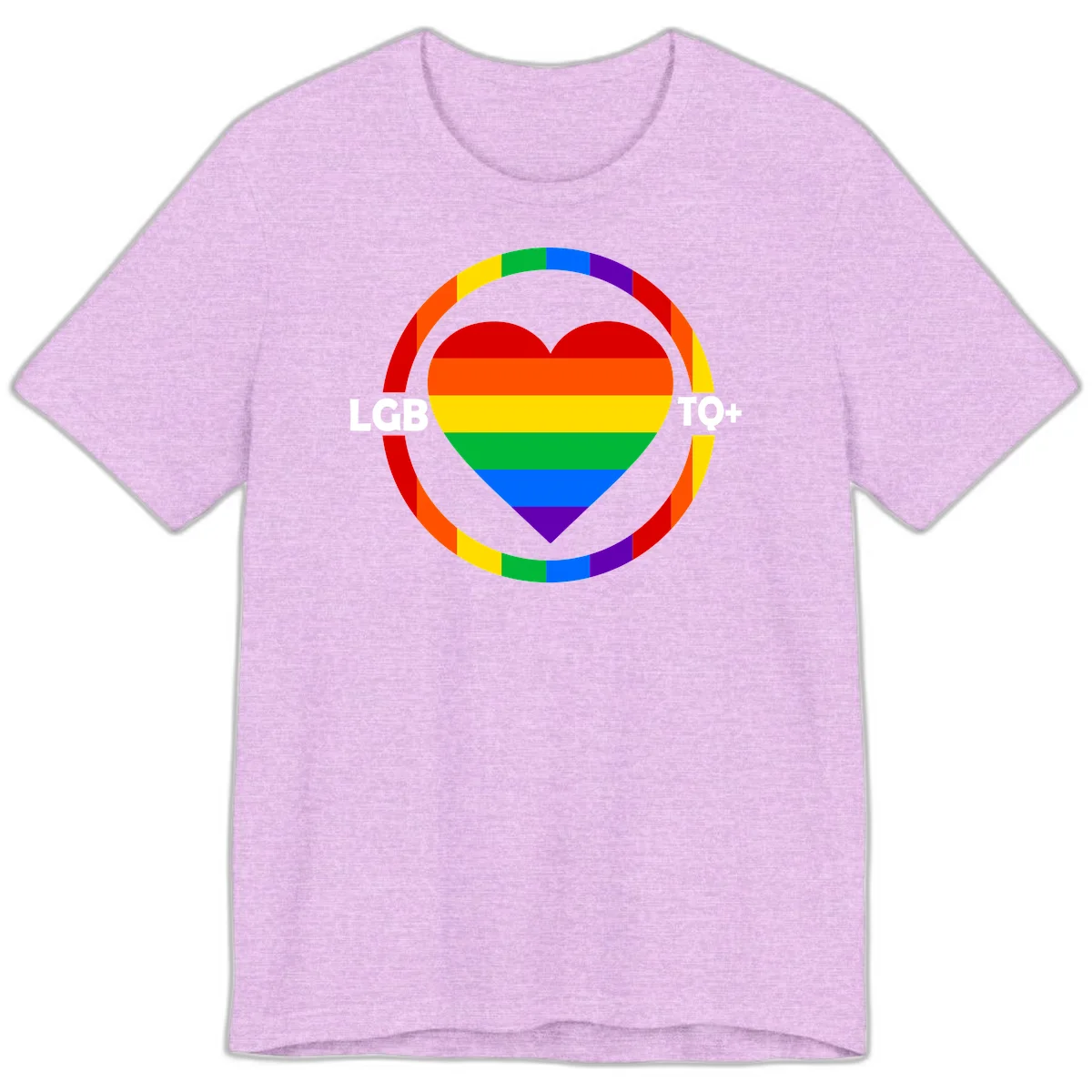 Rainbow heart with LGB TO+ text in concentric pride circles on gray background in Heather Prism Lilac