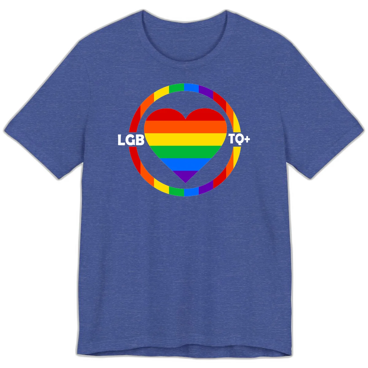 Rainbow heart with LGB TO+ text in concentric pride circles on gray background in Heather True Royal