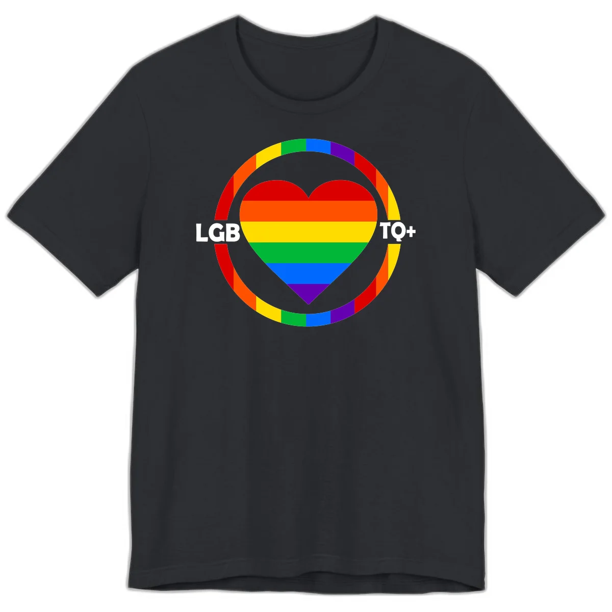 Rainbow heart with LGB TO+ text in concentric pride circles on gray background in Vintage Black
