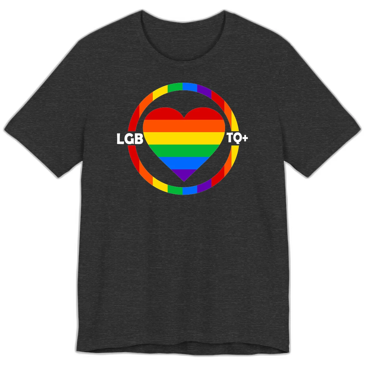 Rainbow heart with LGB TO+ text in concentric pride circles on gray background in Dark Grey Heather
