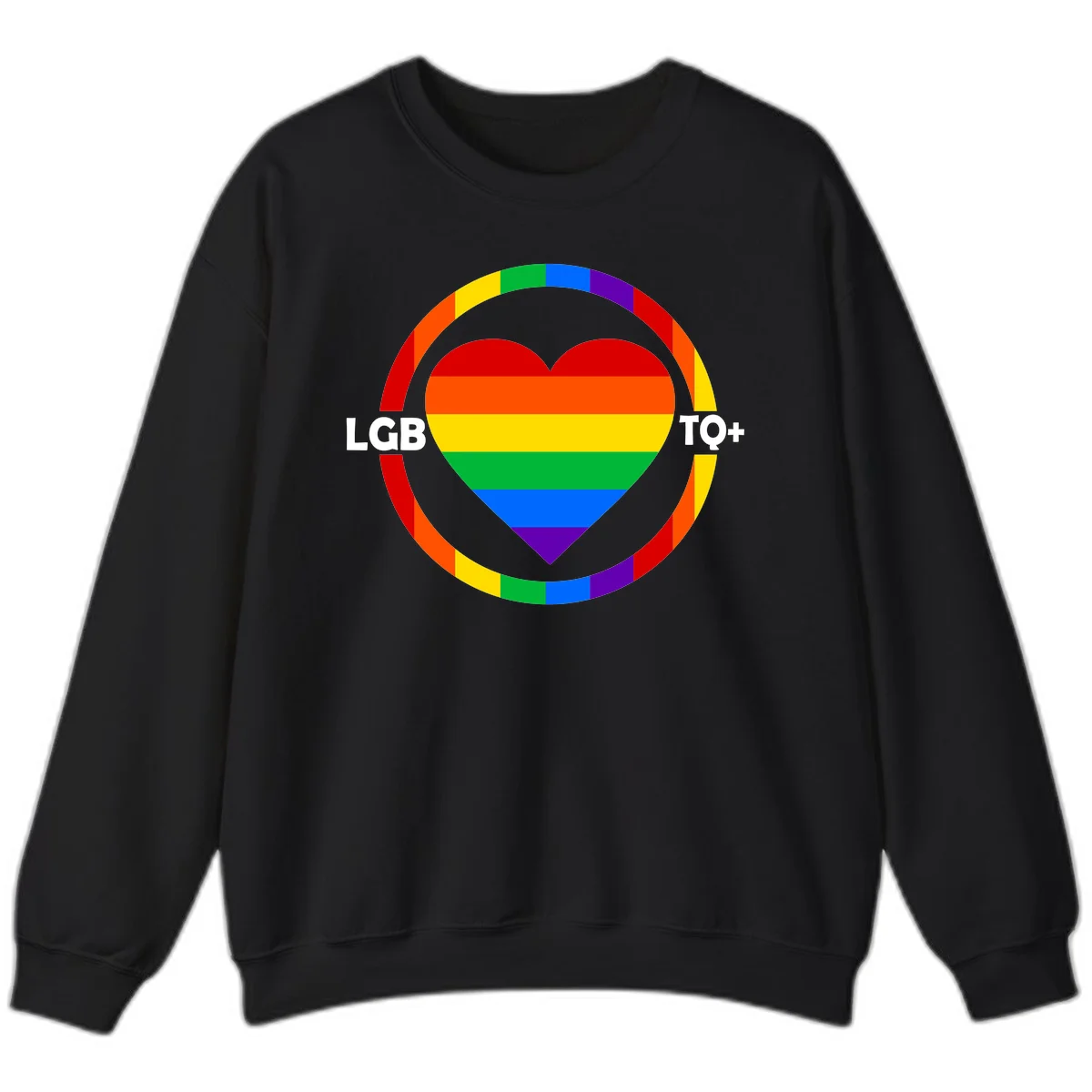 Rainbow heart with LGB TO+ text in concentric pride circles on gray background in Black