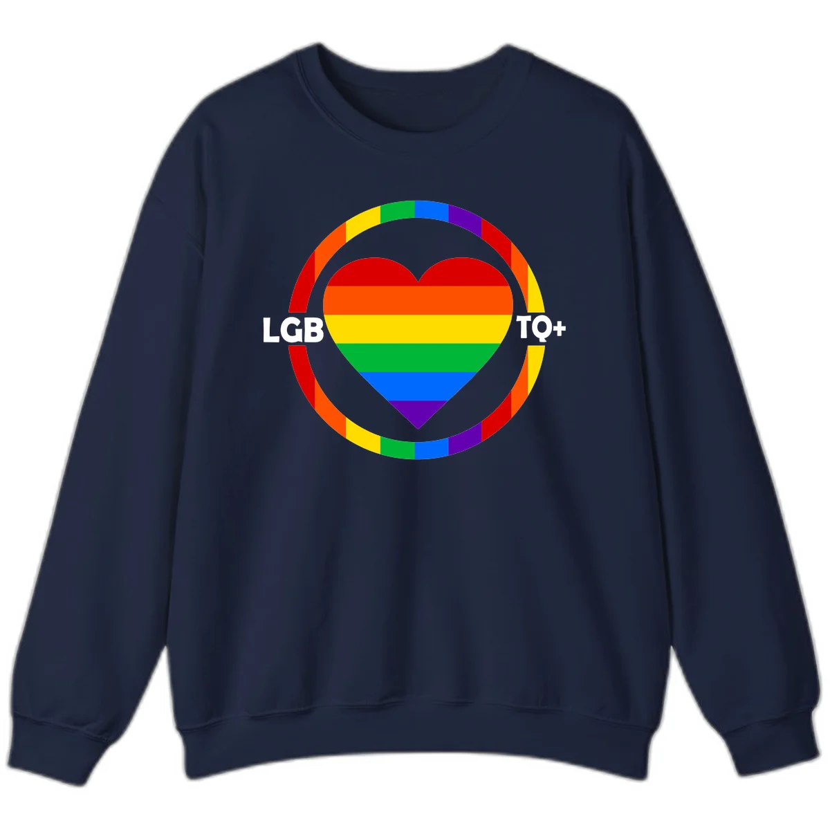 Rainbow heart with LGB TO+ text in concentric pride circles on gray background in Navy