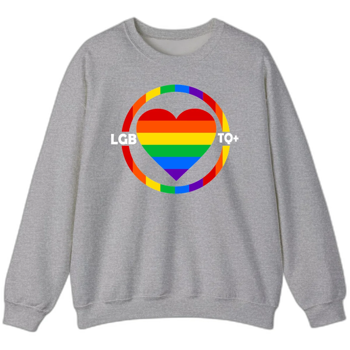 Rainbow heart with LGB TO+ text in concentric pride circles on gray background in Sport Grey