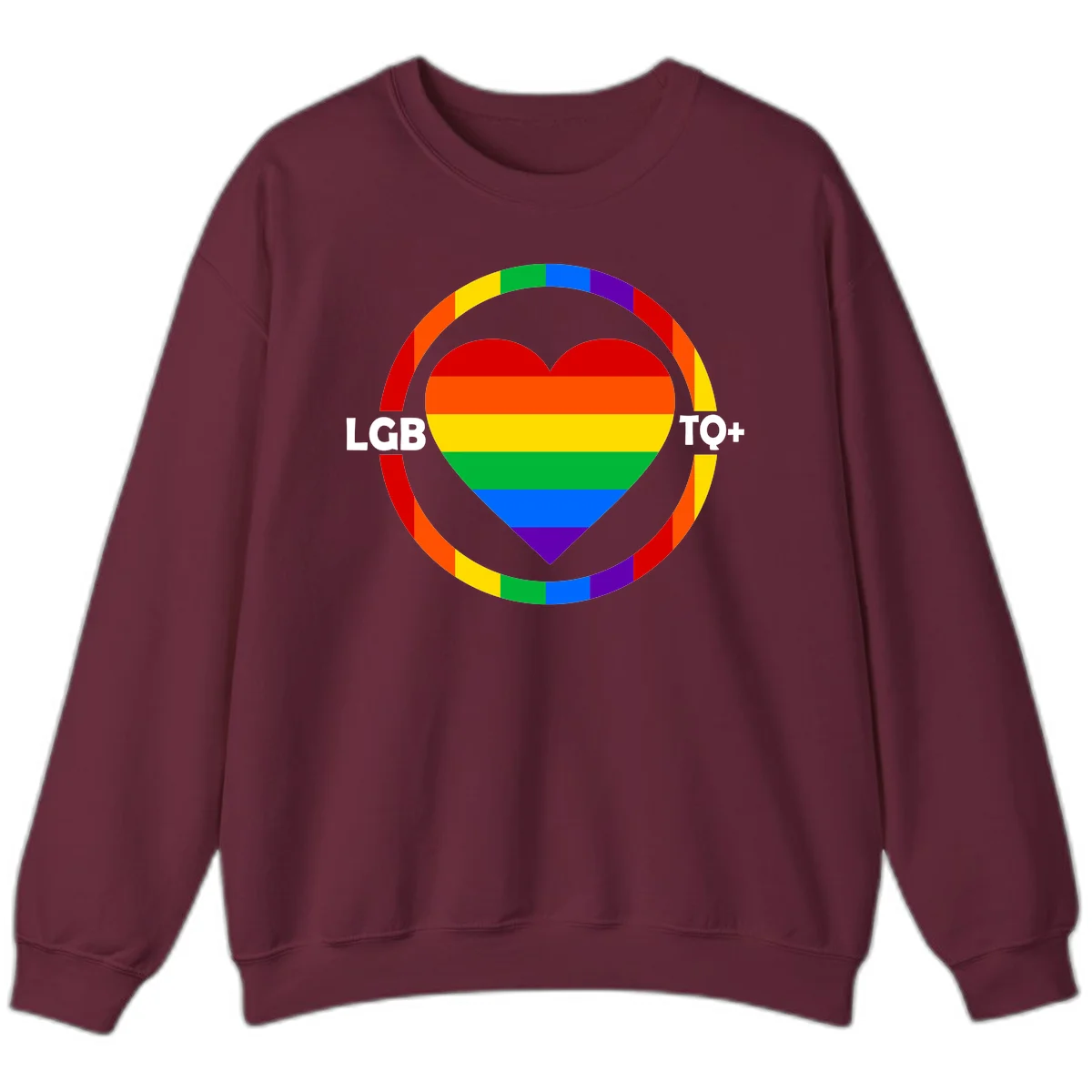 Rainbow heart with LGB TO+ text in concentric pride circles on gray background in Maroon
