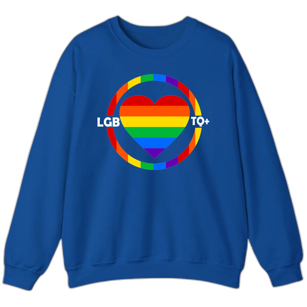 Rainbow heart with LGB TO+ text in concentric pride circles on gray background in Royal