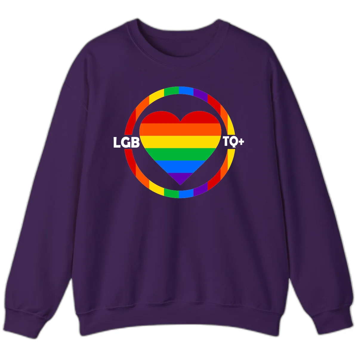 Rainbow heart with LGB TO+ text in concentric pride circles on gray background in Purple