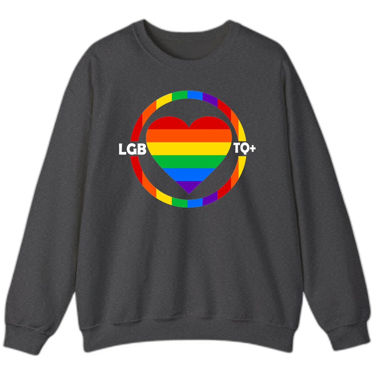 Rainbow heart with LGB TO+ text in concentric pride circles on gray background in Dark Heather