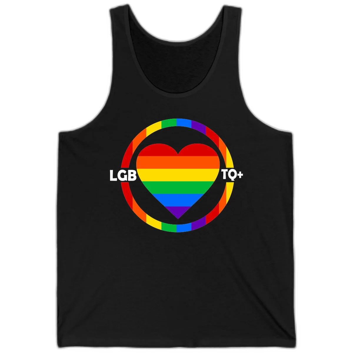 Rainbow heart with LGB TO+ text in concentric pride circles on gray background in Black