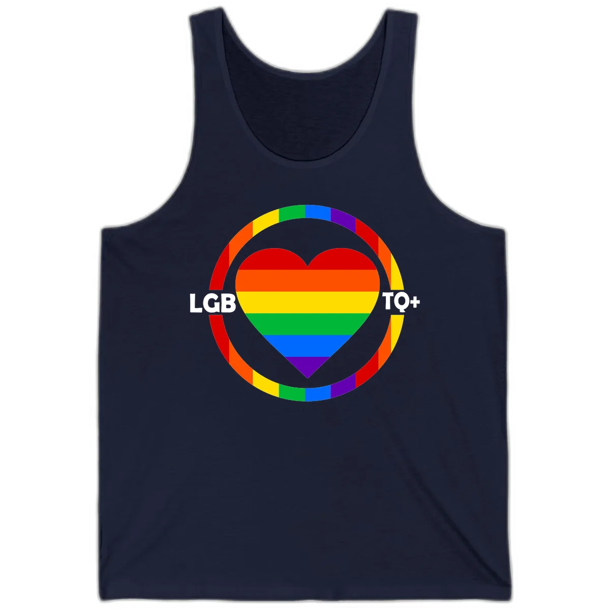 Rainbow heart with LGB TO+ text in concentric pride circles on gray background in Navy
