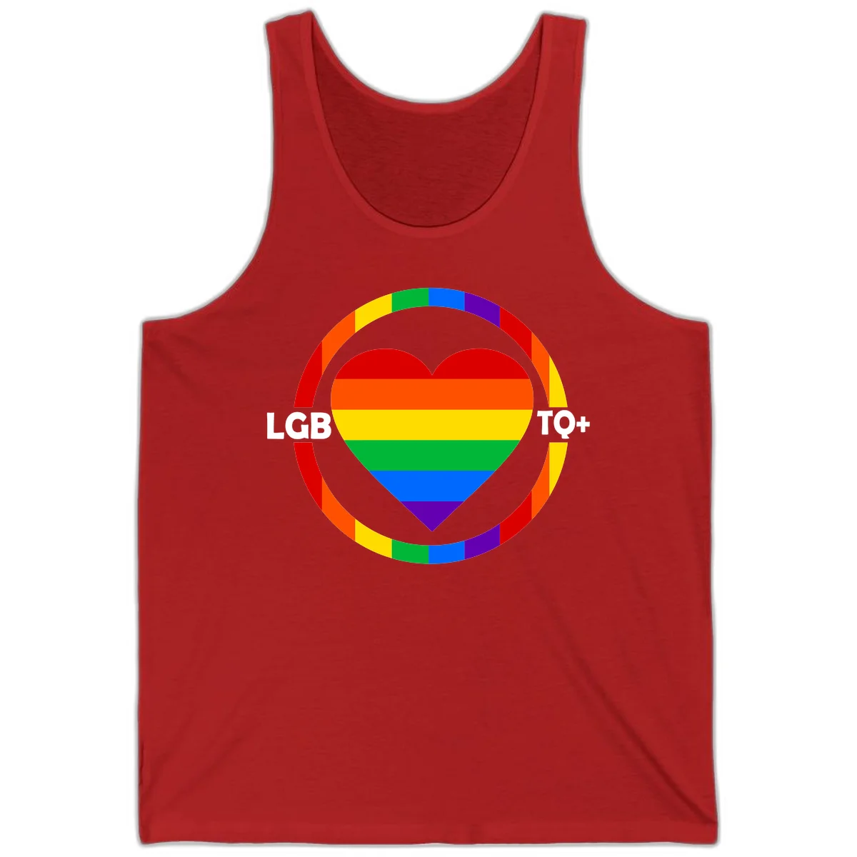 Rainbow heart with LGB TO+ text in concentric pride circles on gray background in Red