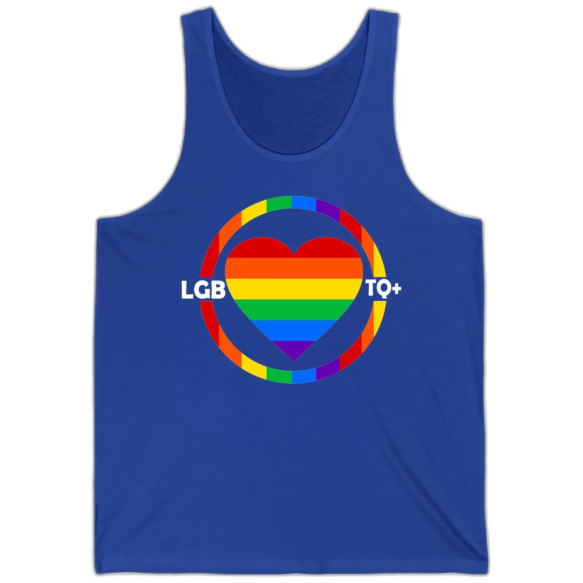 Rainbow heart with LGB TO+ text in concentric pride circles on gray background in True Royal