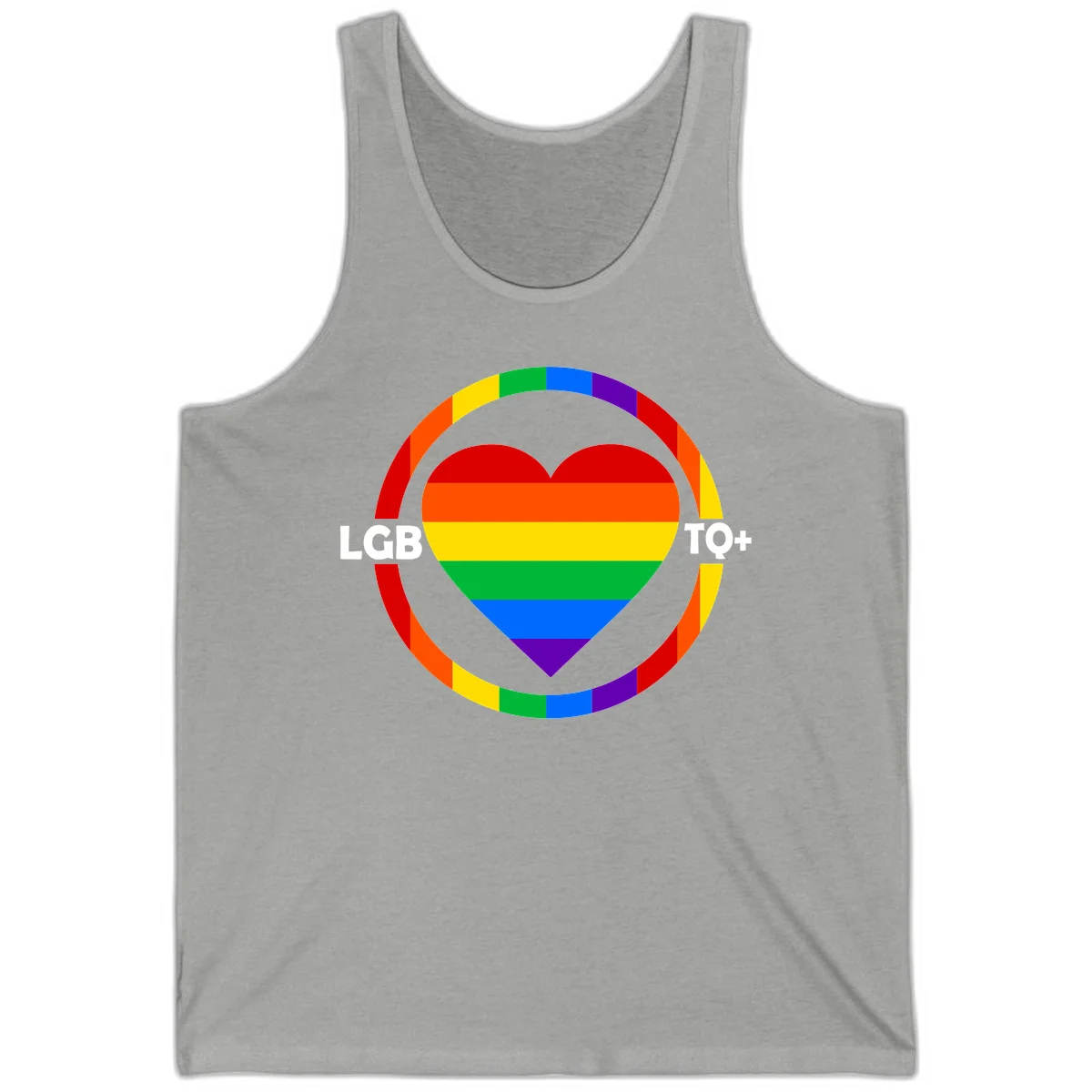 Rainbow heart with LGB TO+ text in concentric pride circles on gray background in Athletic Heather