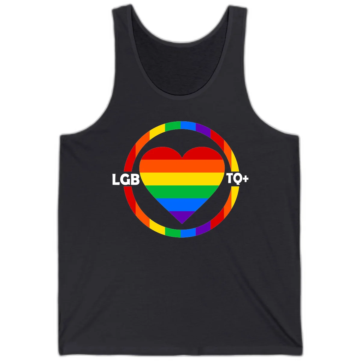 Rainbow heart with LGB TO+ text in concentric pride circles on gray background in Dark Grey