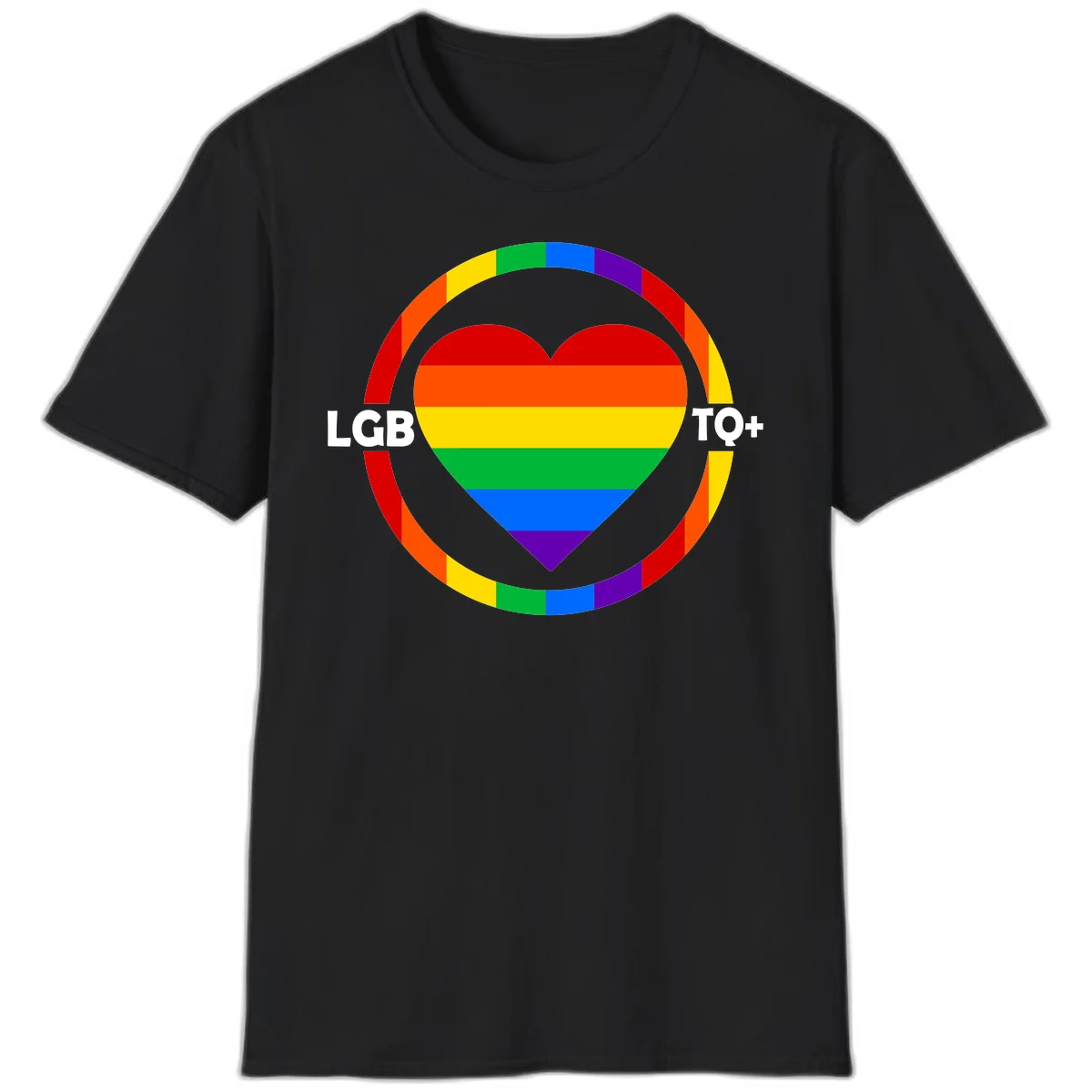 Rainbow heart with LGB TO+ text in concentric pride circles on gray background in Black