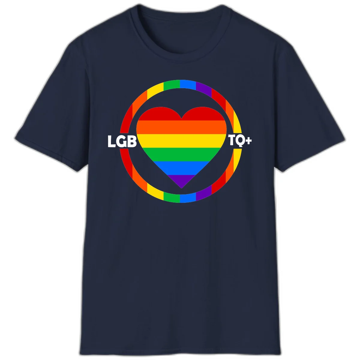 Rainbow heart with LGB TO+ text in concentric pride circles on gray background in Navy