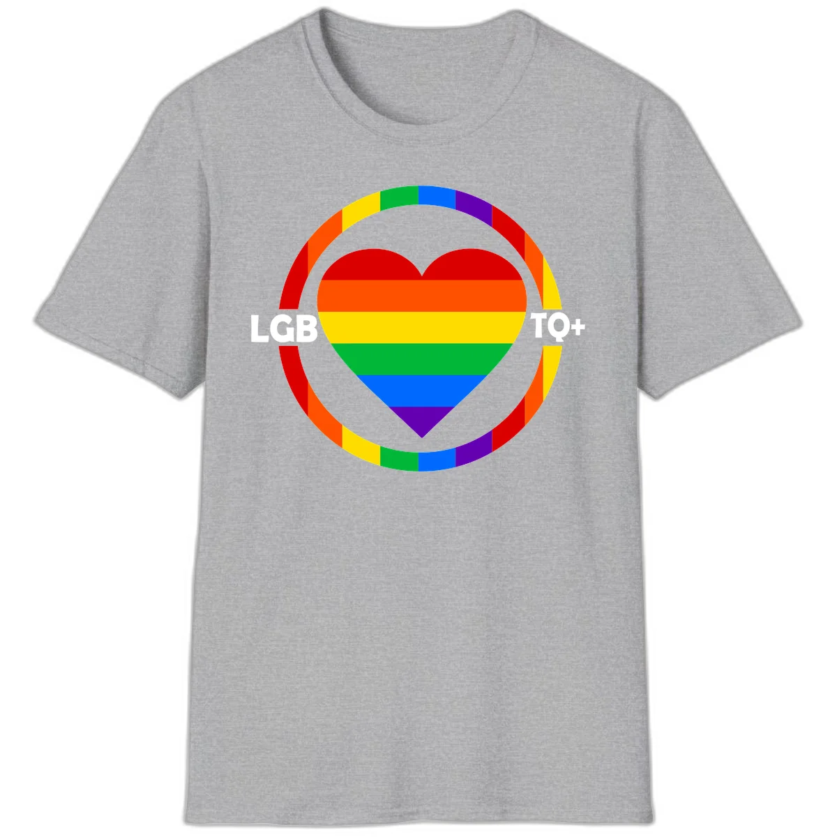 Rainbow heart with LGB TO+ text in concentric pride circles on gray background in Sport Grey