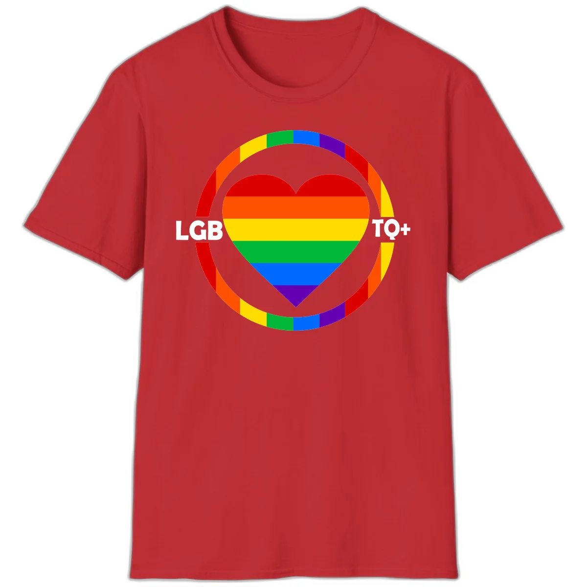 Rainbow heart with LGB TO+ text in concentric pride circles on gray background in Red