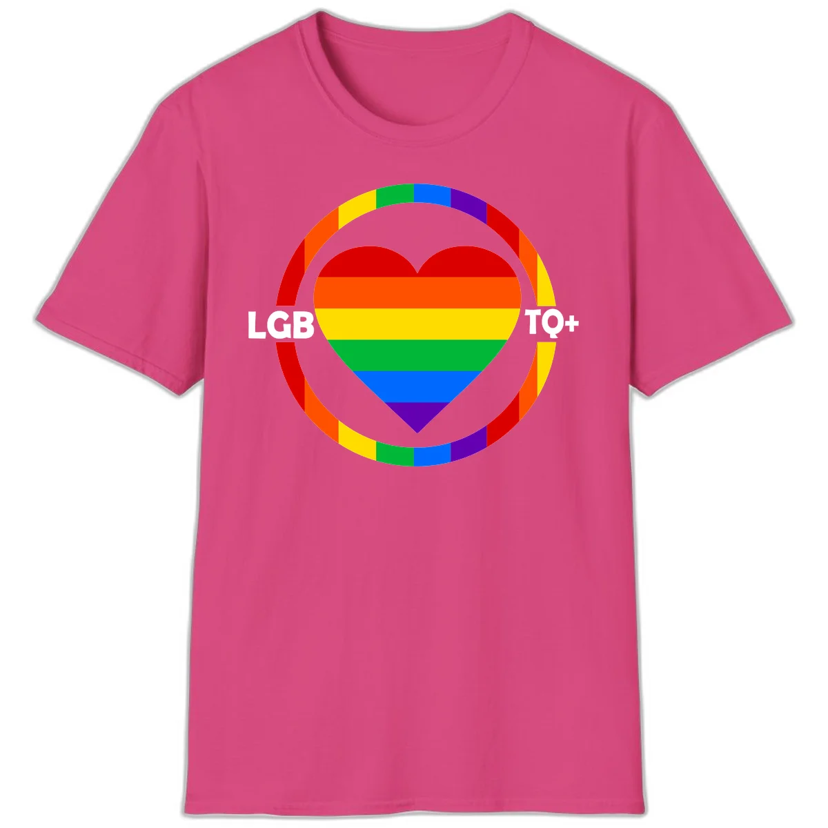 Rainbow heart with LGB TO+ text in concentric pride circles on gray background in Heliconia