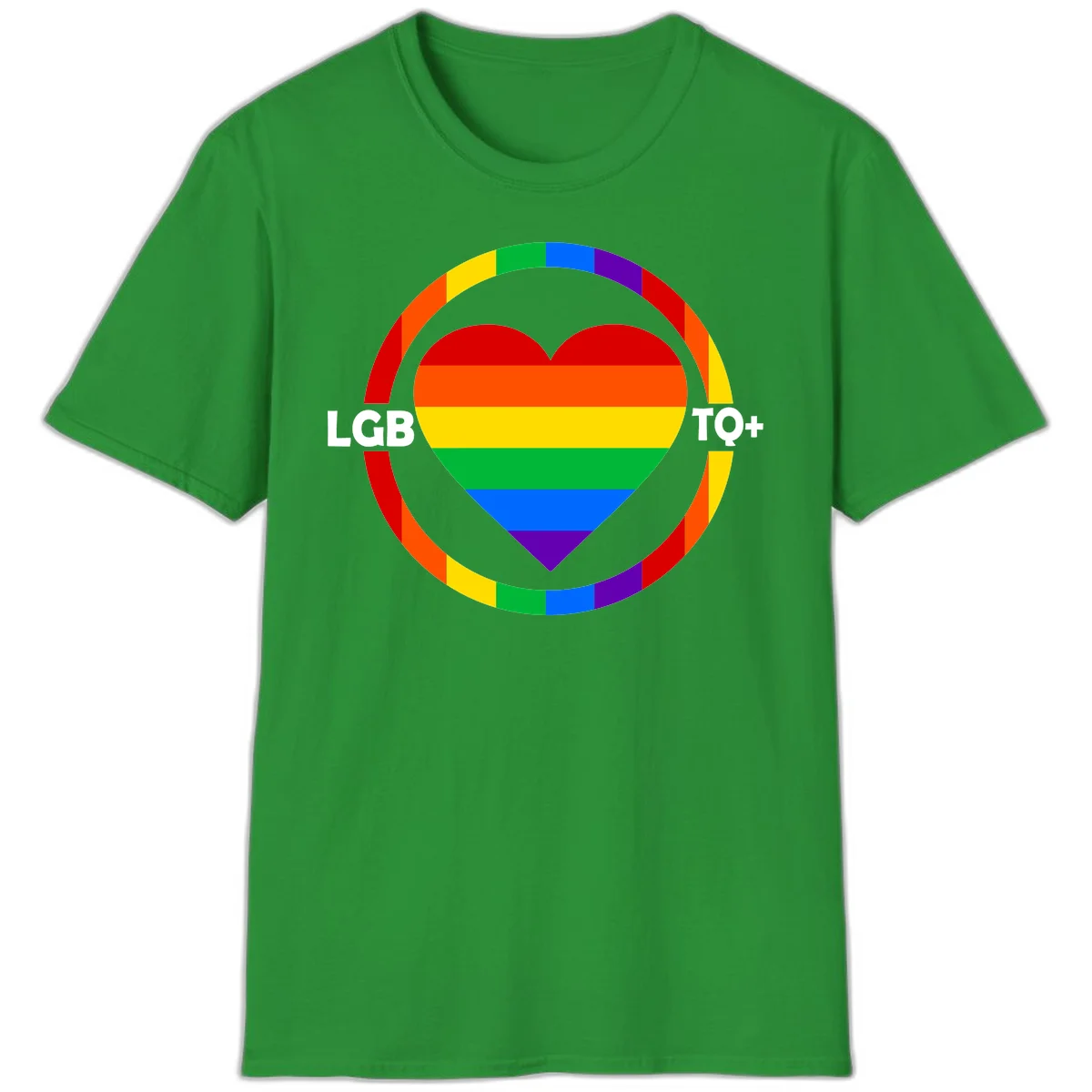 Rainbow heart with LGB TO+ text in concentric pride circles on gray background in Irish Green