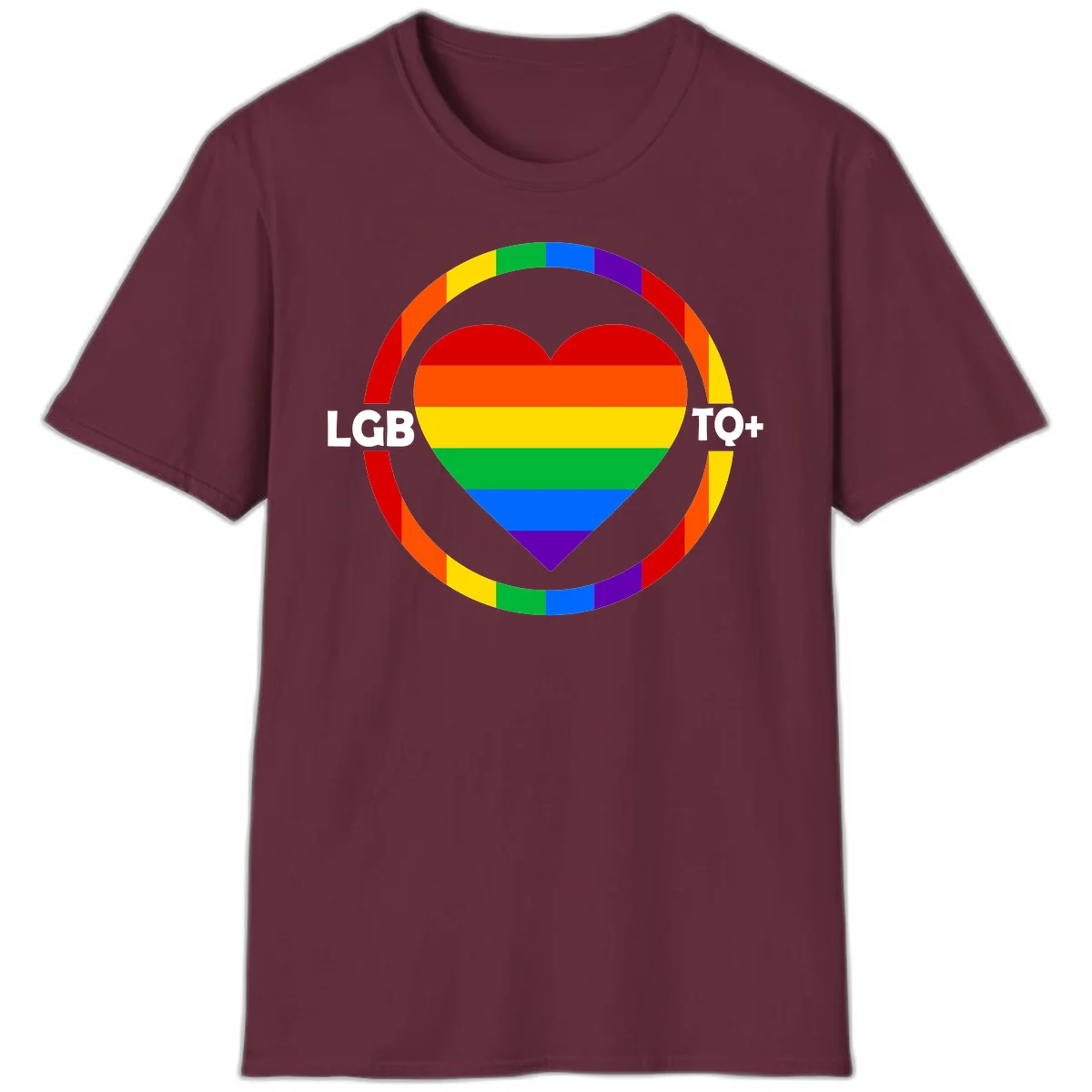 Rainbow heart with LGB TO+ text in concentric pride circles on gray background in Maroon