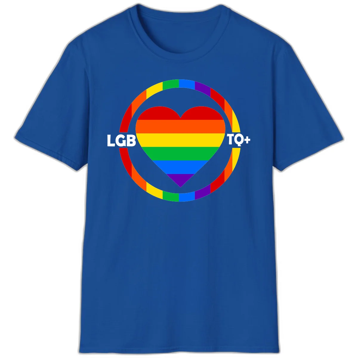 Rainbow heart with LGB TO+ text in concentric pride circles on gray background in Royal