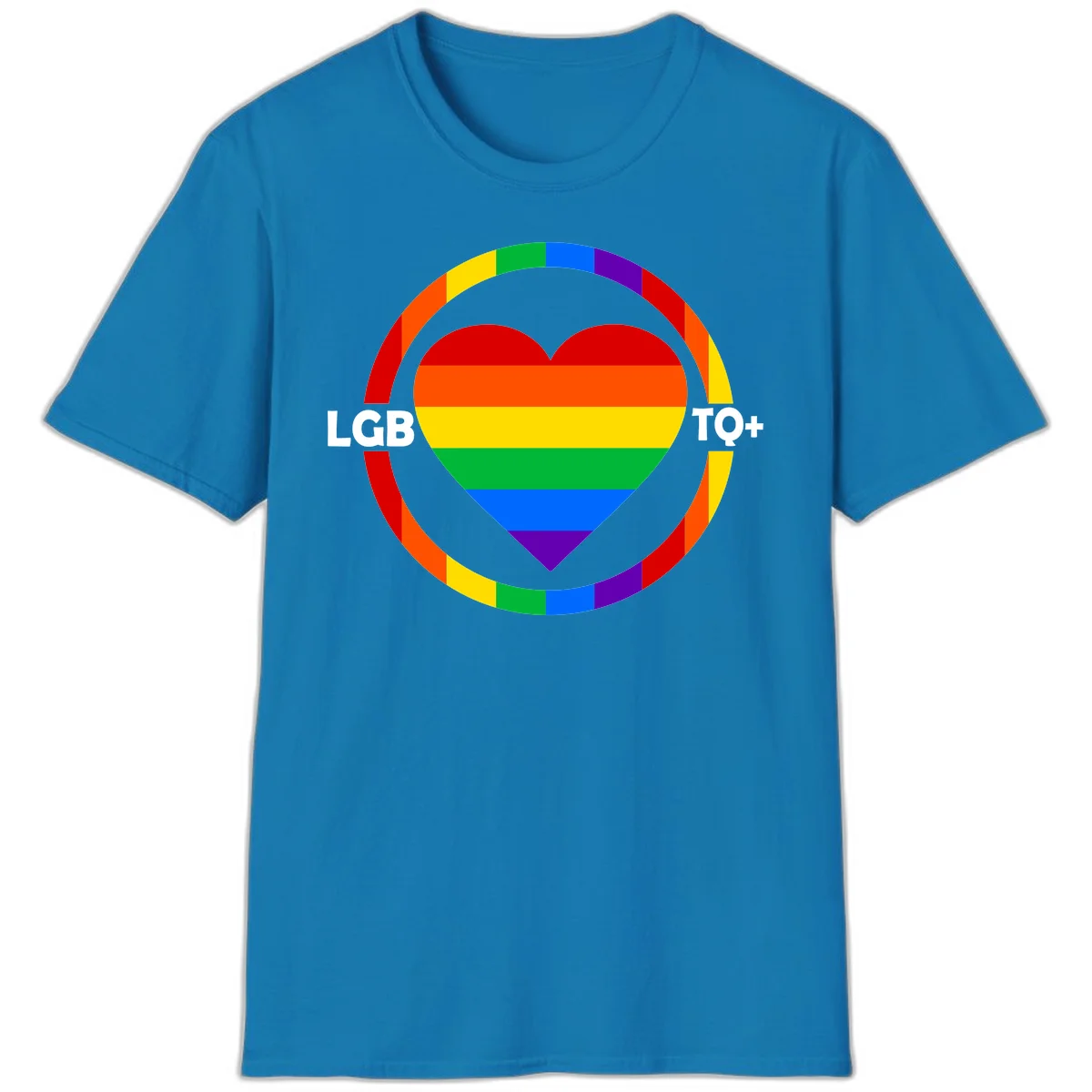 Rainbow heart with LGB TO+ text in concentric pride circles on gray background in Sapphire