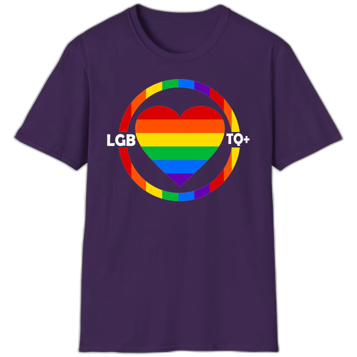 Rainbow heart with LGB TO+ text in concentric pride circles on gray background in Purple