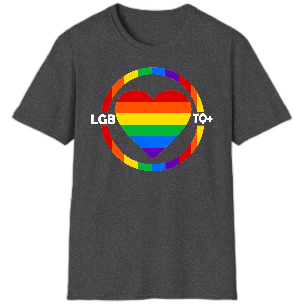 Rainbow heart with LGB TO+ text in concentric pride circles on gray background in Dark Heather