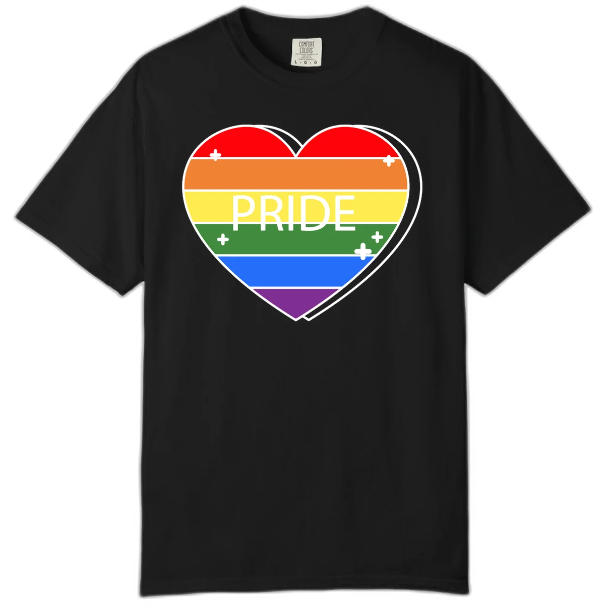 Rainbow pride heart with horizontal stripes and white 'PRIDE' text, featuring scattered plus signs and bold outline in Black