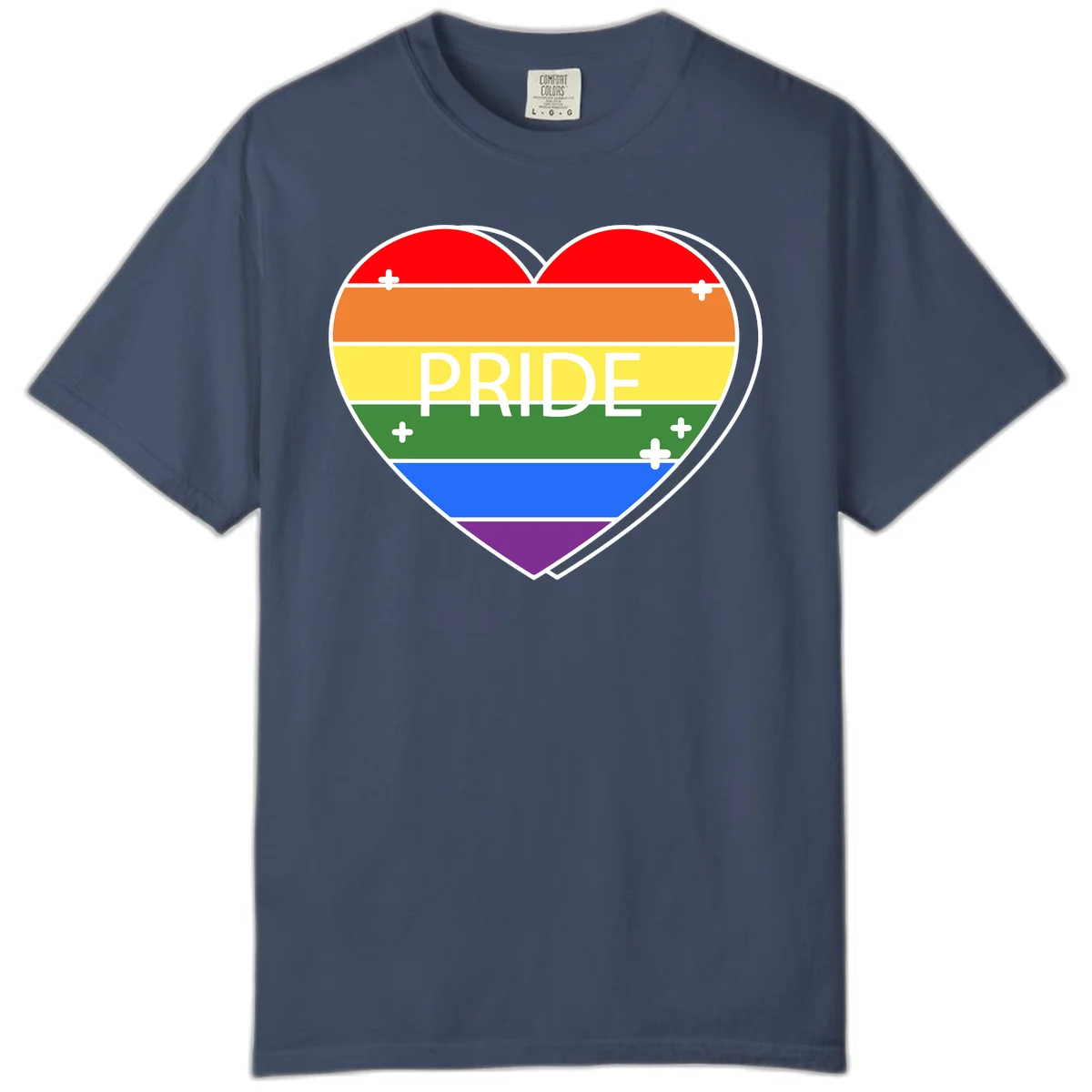 Rainbow pride heart with horizontal stripes and white 'PRIDE' text, featuring scattered plus signs and bold outline in Midnight