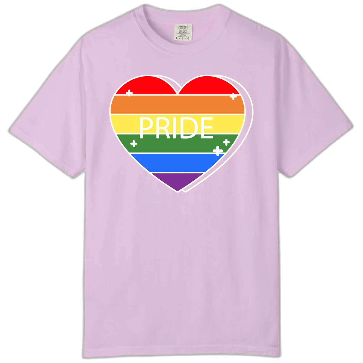 Rainbow pride heart with horizontal stripes and white 'PRIDE' text, featuring scattered plus signs and bold outline in Orchid
