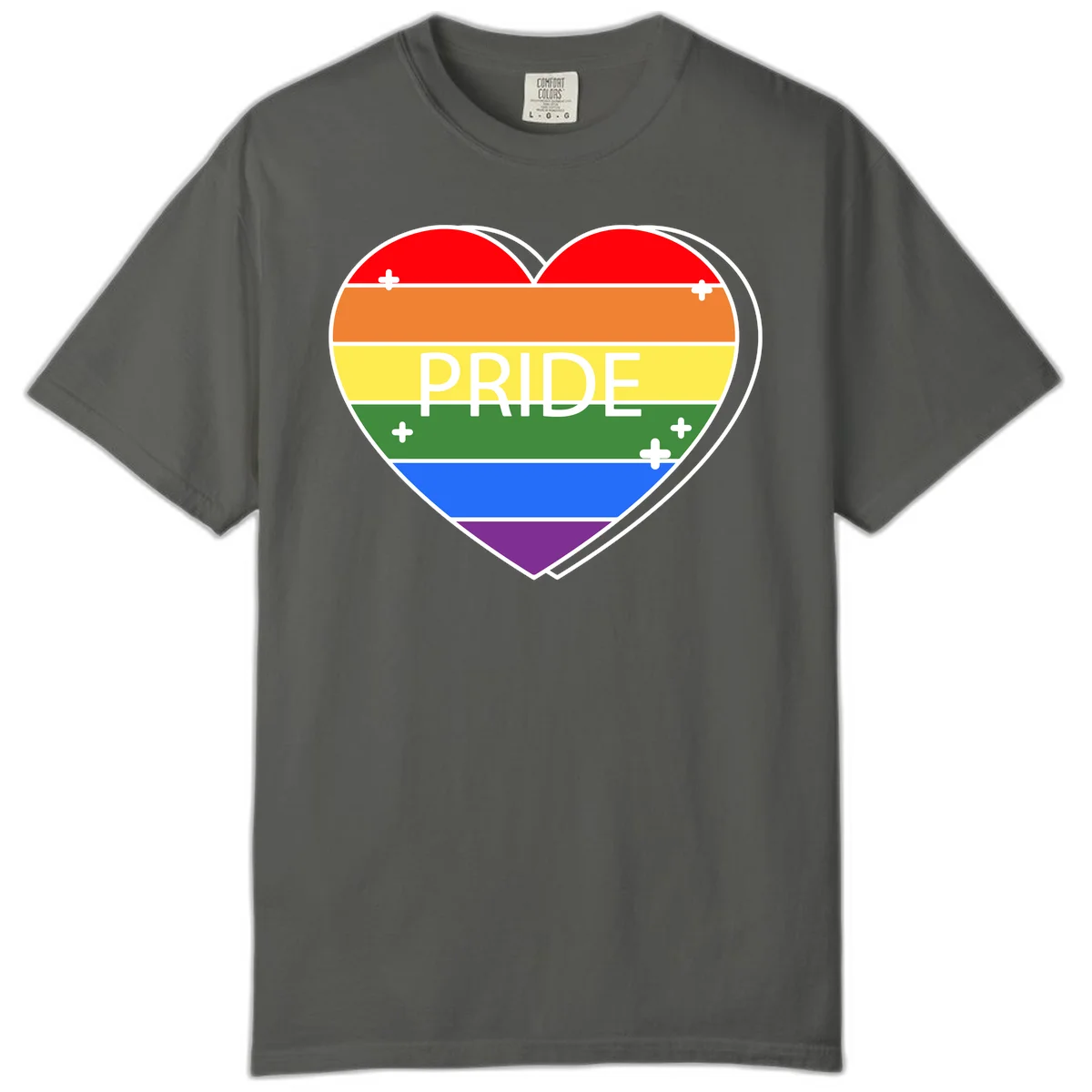 Rainbow pride heart with horizontal stripes and white 'PRIDE' text, featuring scattered plus signs and bold outline in Pepper