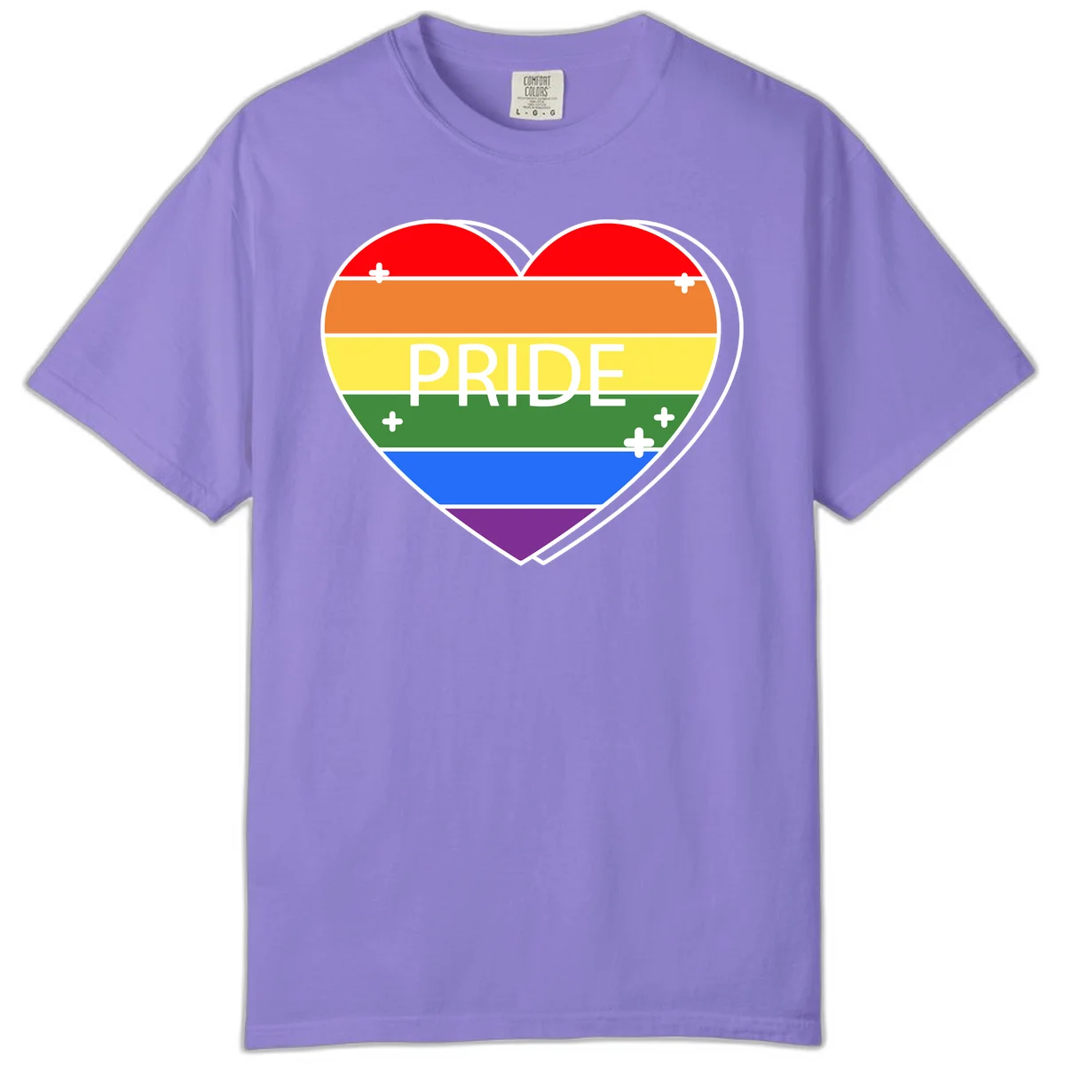 Rainbow pride heart with horizontal stripes and white 'PRIDE' text, featuring scattered plus signs and bold outline in Violet