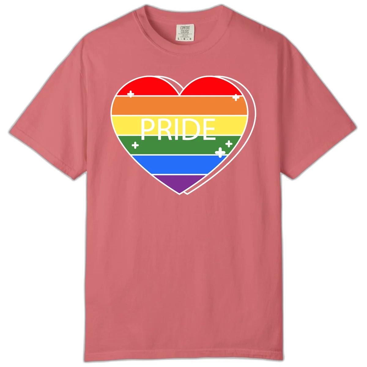 Rainbow pride heart with horizontal stripes and white 'PRIDE' text, featuring scattered plus signs and bold outline in Watermelon
