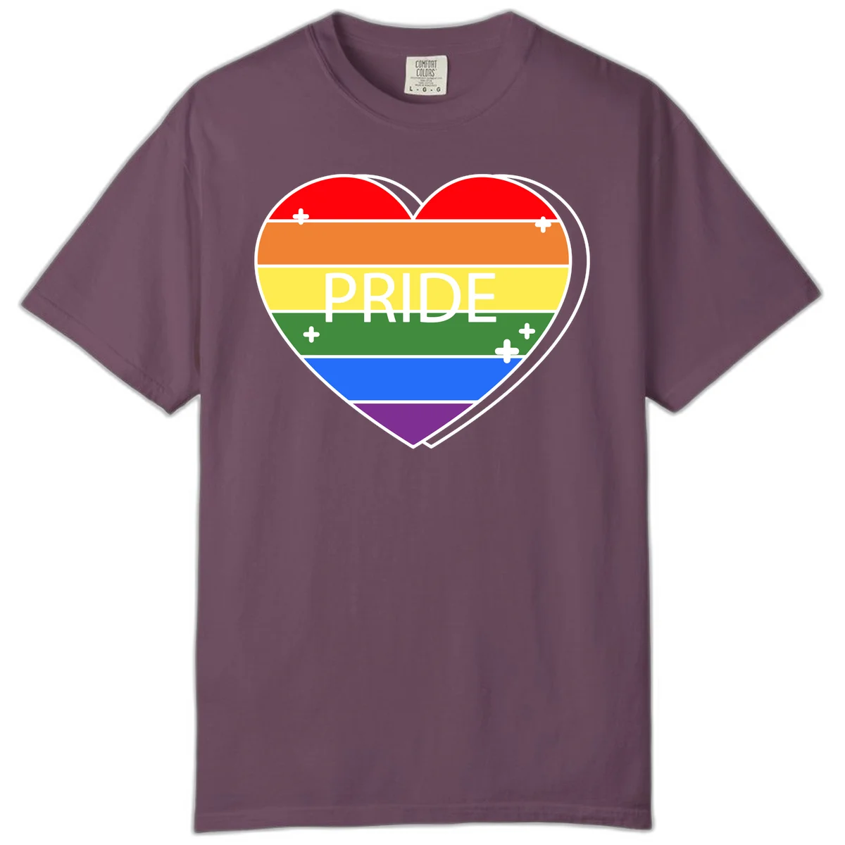 Rainbow pride heart with horizontal stripes and white 'PRIDE' text, featuring scattered plus signs and bold outline in Berry